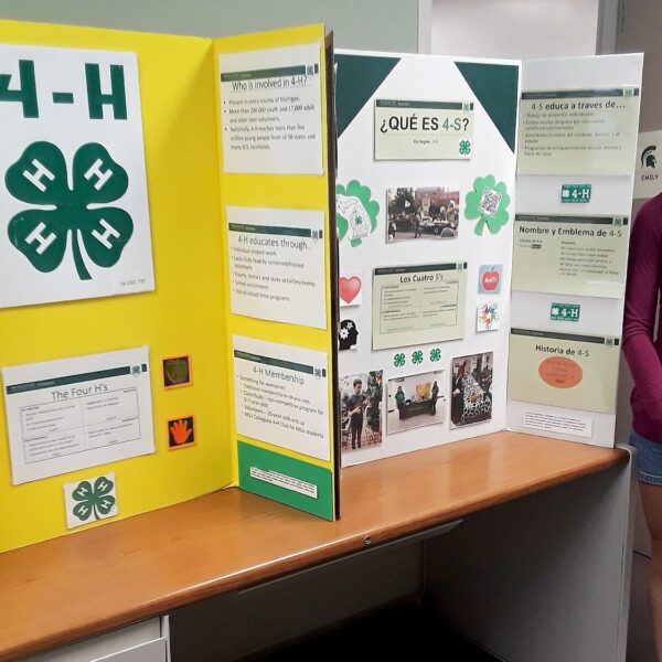 A student stands beside a tri-fold educational display about 4-H featuring bilingual English and Spanish information, photos, and the organization’s four-leaf clover emblem. The presentation board includes sections about 4-H history, membership, and programming, displayed on a table indoors.