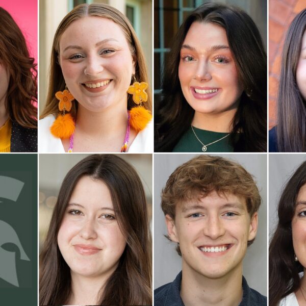 Photo composite featuring headshots of seven Michigan State University students: Anastasia Breen, Kaylin Casper, Lily Dixon, Eleanor Pugh, Isabel Buckles, Kevin Koch, and Carolina Mercado. The portraits are arranged in two rows of four, with the Spartan helmet logo in the bottom-left corner.