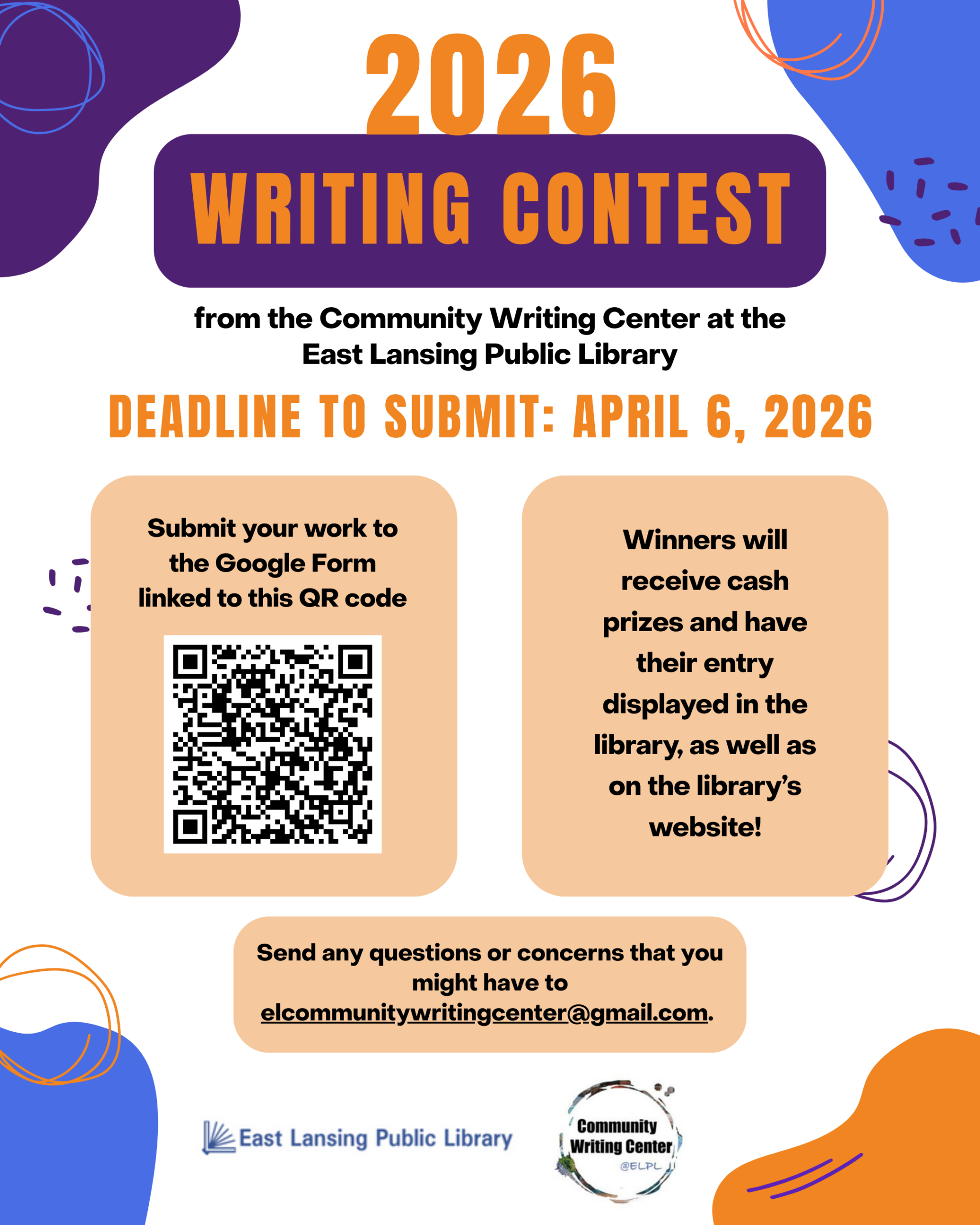 flyer for the 2026 community writing center writing contest with a qr code to submit your work