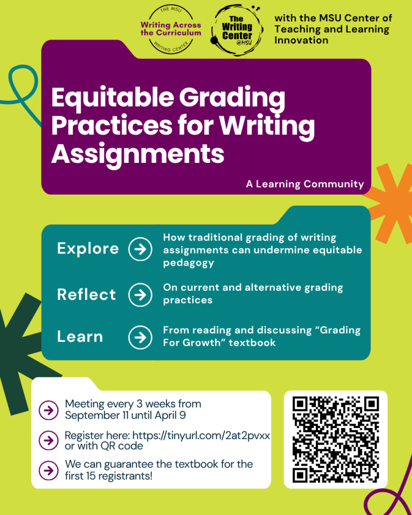flyer for the 2026-2027 wac learning community titled equitable grading practices for writing assignments
