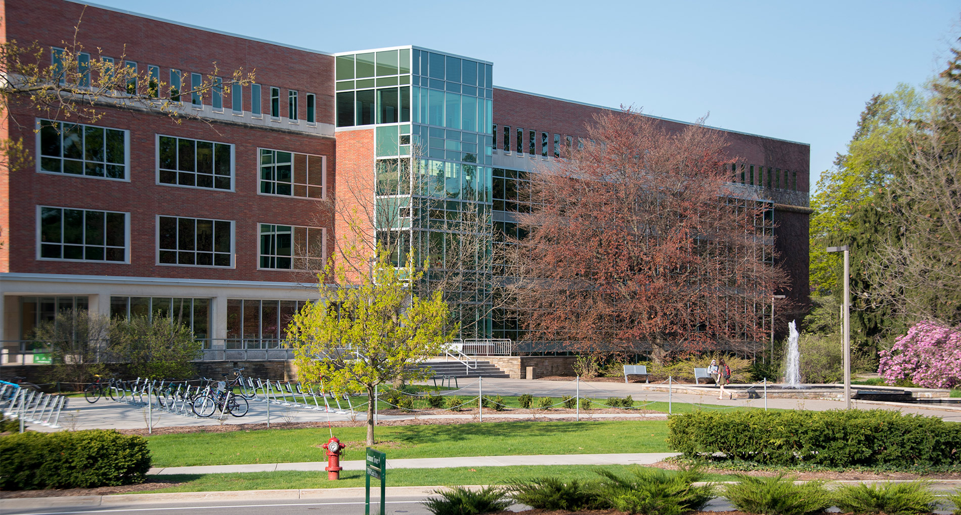 Michigan State University Library, a red brick building, from the outside