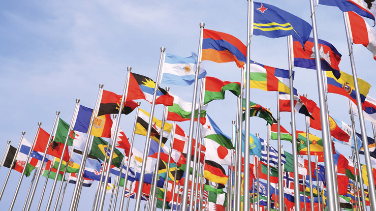 a bunch of flags on flag poles