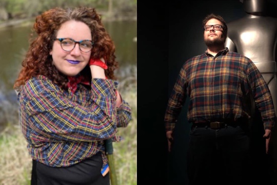 a woman with curly hair wearing glasses and a man with short brown hair wearing glasses both wearing flannels