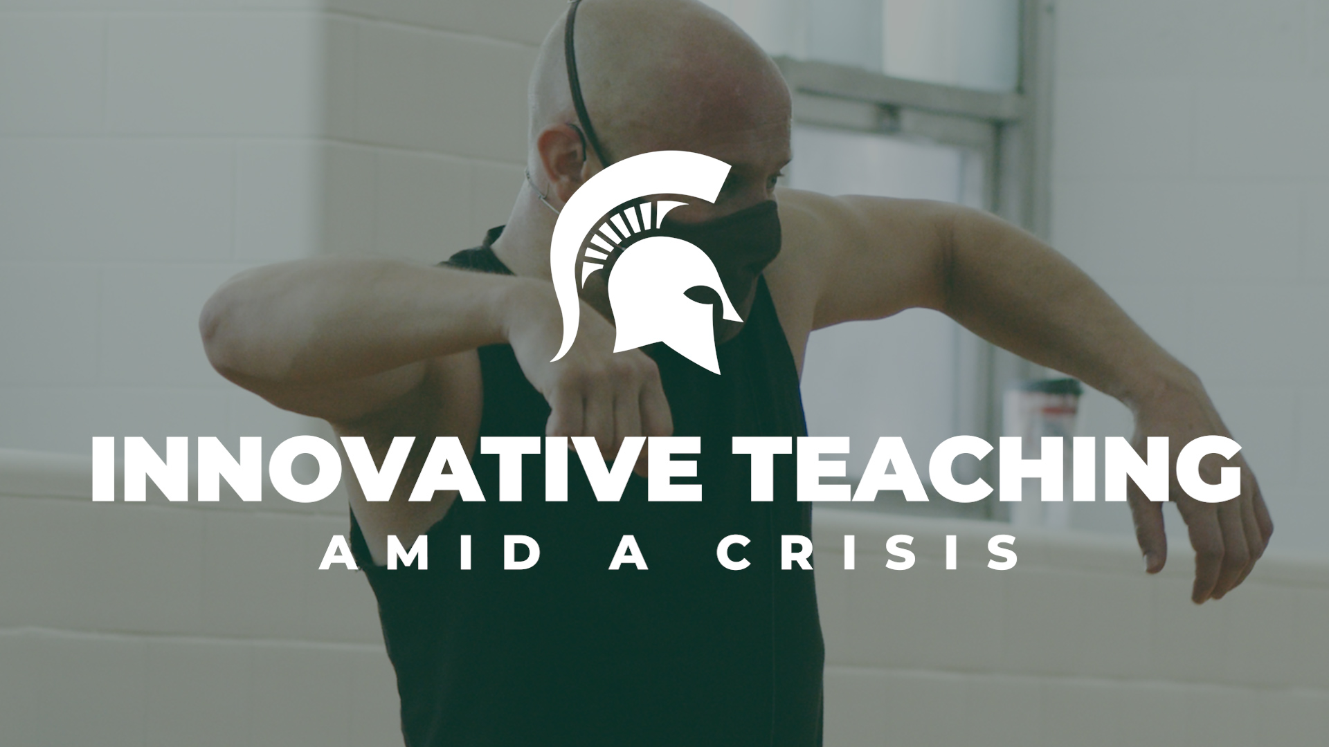 man doing a dance move with his arms out with a white spartan head and white words, "Invocative teaching amid a crisis" written on tip of the image