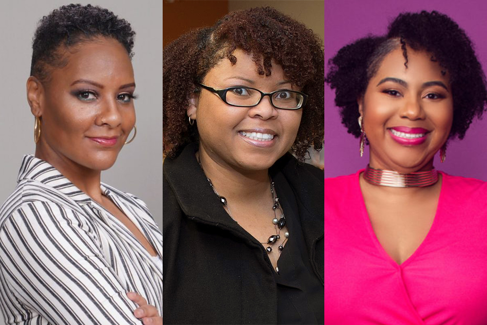 Portraits of 3 smiling women with short dark hair.