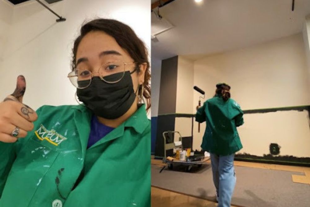 A selfie of a person; a person at work