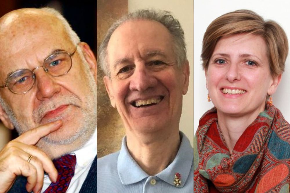 On the left, a picture of a man with grey hair and grey beard in a suit wearing glasses.In the middle , a picture of a man in a grey suit with short grey hair smiling. On the right a picture of a woman in a red shirt with a scarf and short blonde hair.