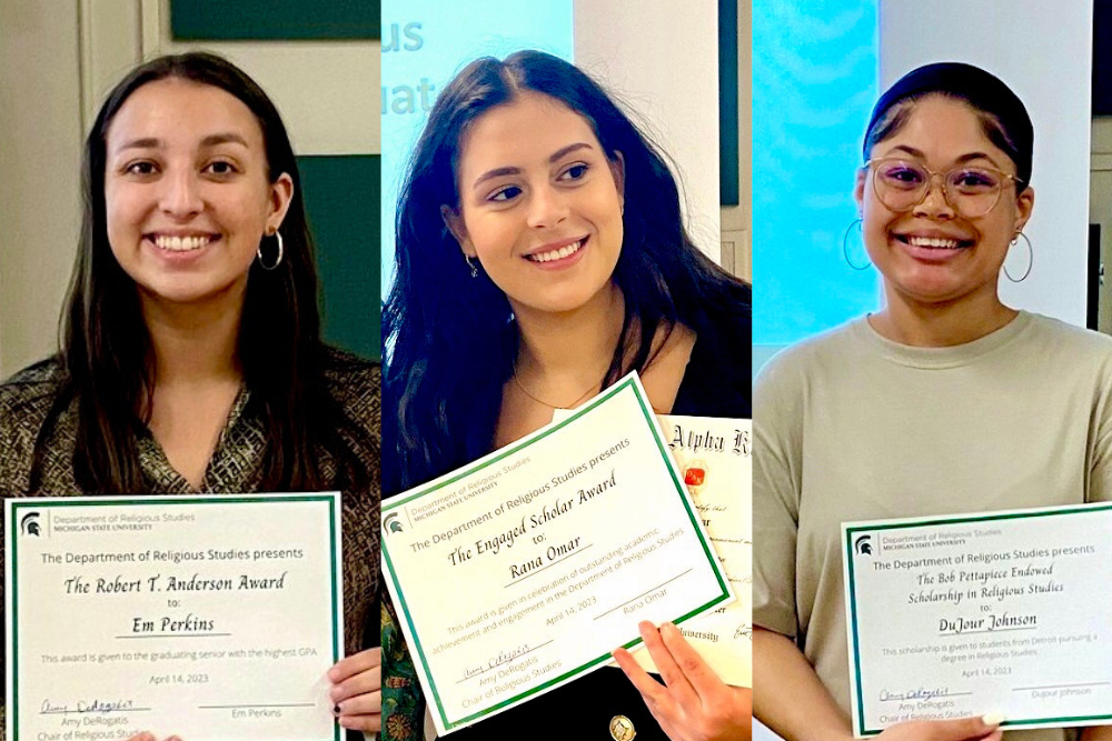 Three separate photos in a collage of individual people holding piece of paper resembling awards.