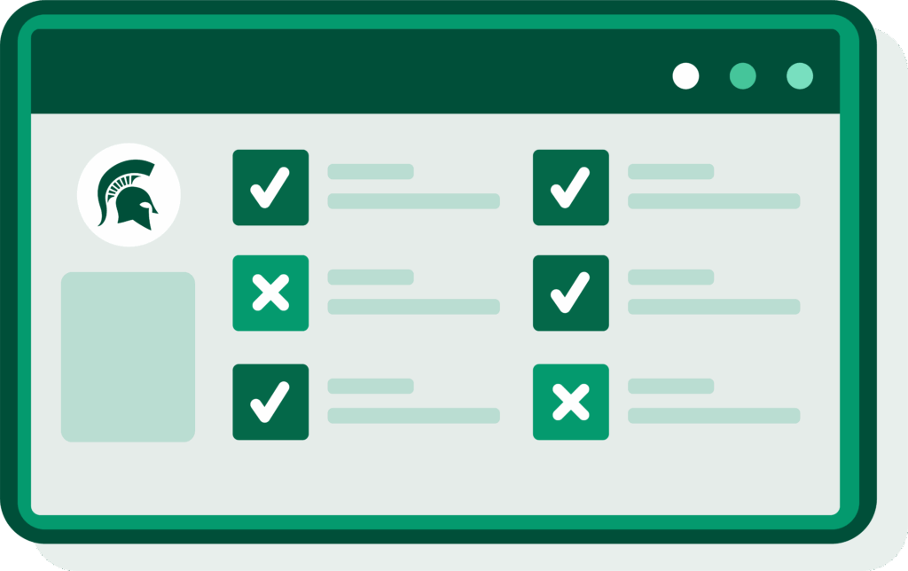 A digital checklist interface with green accents shows a Spartan helmet icon and list items with white checkmarks crosses, indicating preferences.