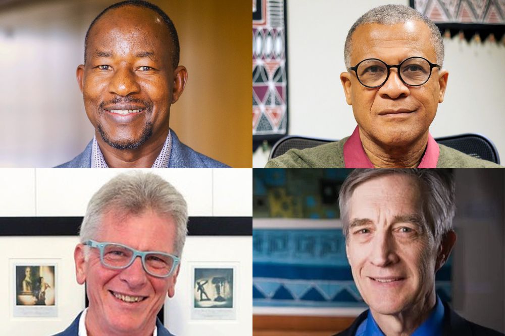 A two-by-two grid of headshots featuring four MSU faculty members. Top left is Jonathan Choti in a blue blazer; top right is Philip Effiong in a green sweater and round glasses; bottom left is is Peter Glendinning in a blue blazer holding a camera; bottom right Stephen Esquith in a dark blazer and purple tie.