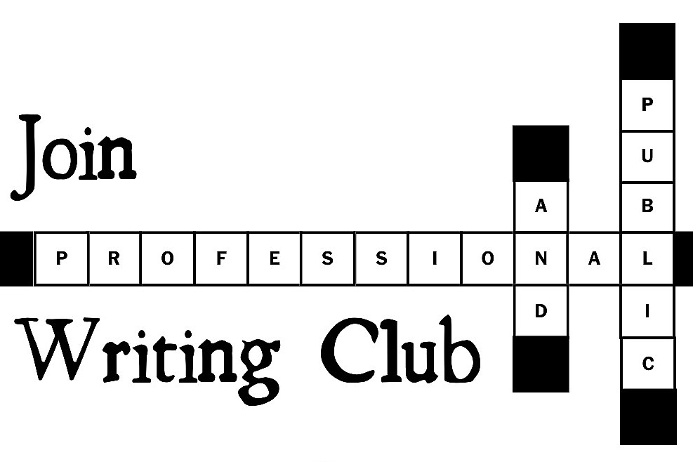 Crossword-style invitation reading "Join Professional Writing Club" with the word "Professional" intersecting "Public" vertically. Clean, inviting design.