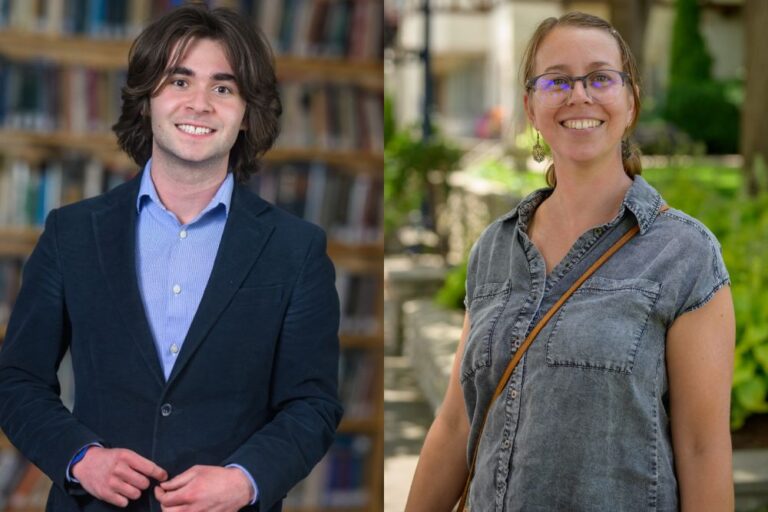 Two side-by-side portrait photos. On the left, a smiling man with medium-length dark hair wears a blue button-down shirt and a dark blazer, standing in front of a blurred library bookshelf. On the right, a smiling woman with glasses and a gray button-up shirt stands outdoors against a background of green foliage.