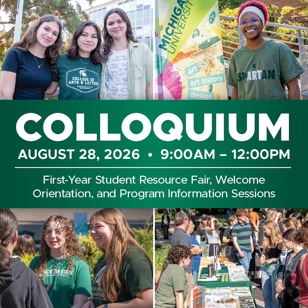 Colloquium event graphic for Aug. 28, 2026, 9 a.m. – 12p.m., showing Michigan State students at a resource fair.