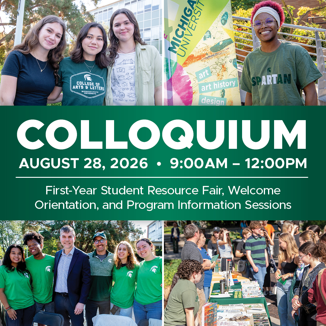 Colloquium event graphic for Aug. 28, 2026, 9 a.m. – 12p.m., showing Michigan State students at a resource fair.