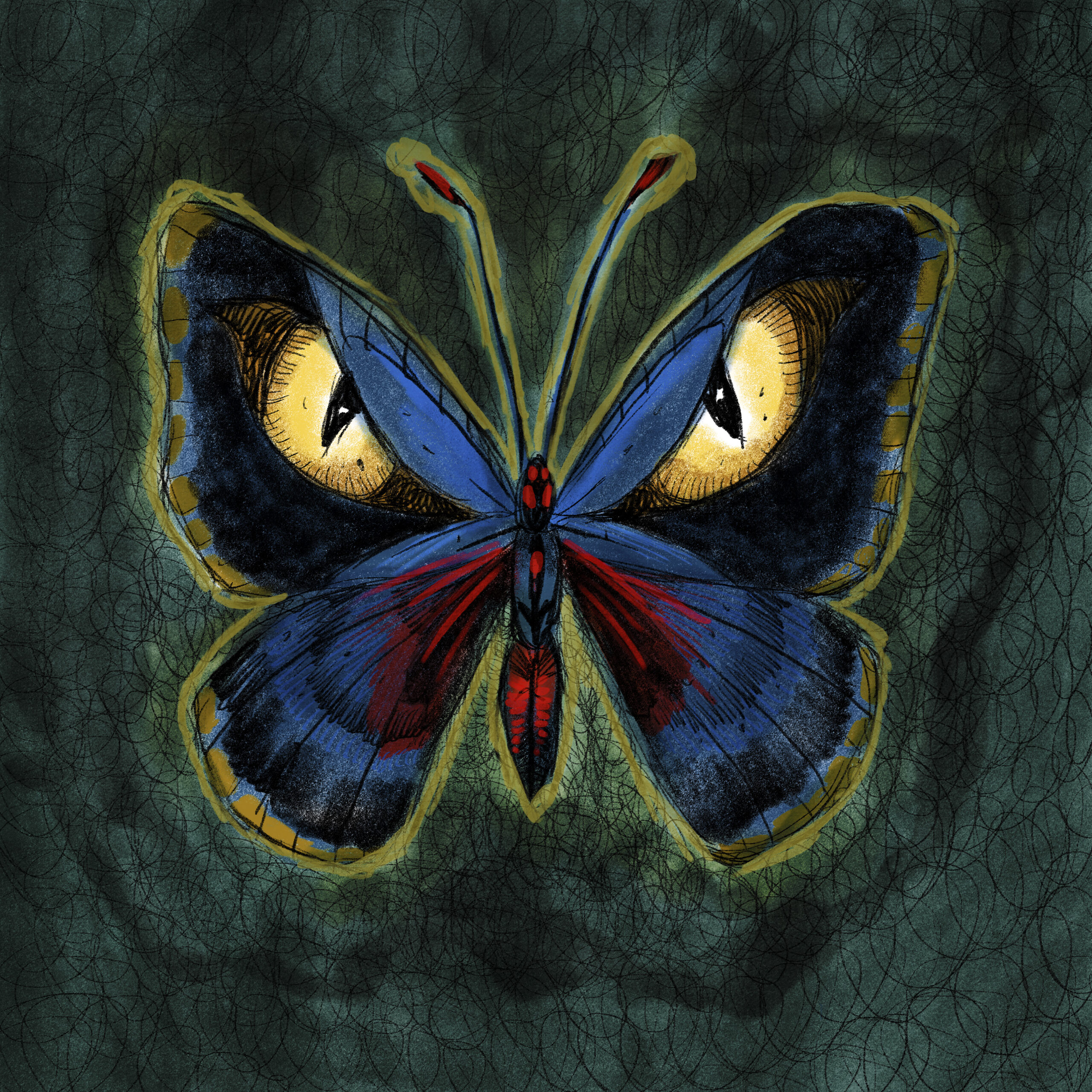 Theatre poster showing a blue and black butterfly on a dark green background with yellow eyes on its wings.