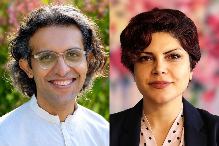 Side-by-side portraits of Shayan Rajani, wearing glasses and a white shirt, and Samira Fathi, wearing a dark blazer over a pink polka-dot blouse.