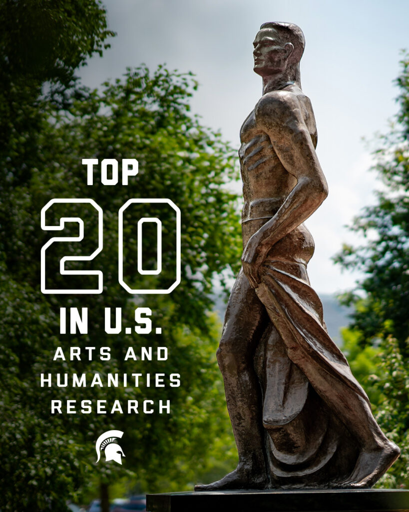 A photo of the Michigan State University Spartan statue. To the left of the Spartan statue is the text: "Top 20 in U.S. in arts and humanities research" with the Spartan helmet below the text.