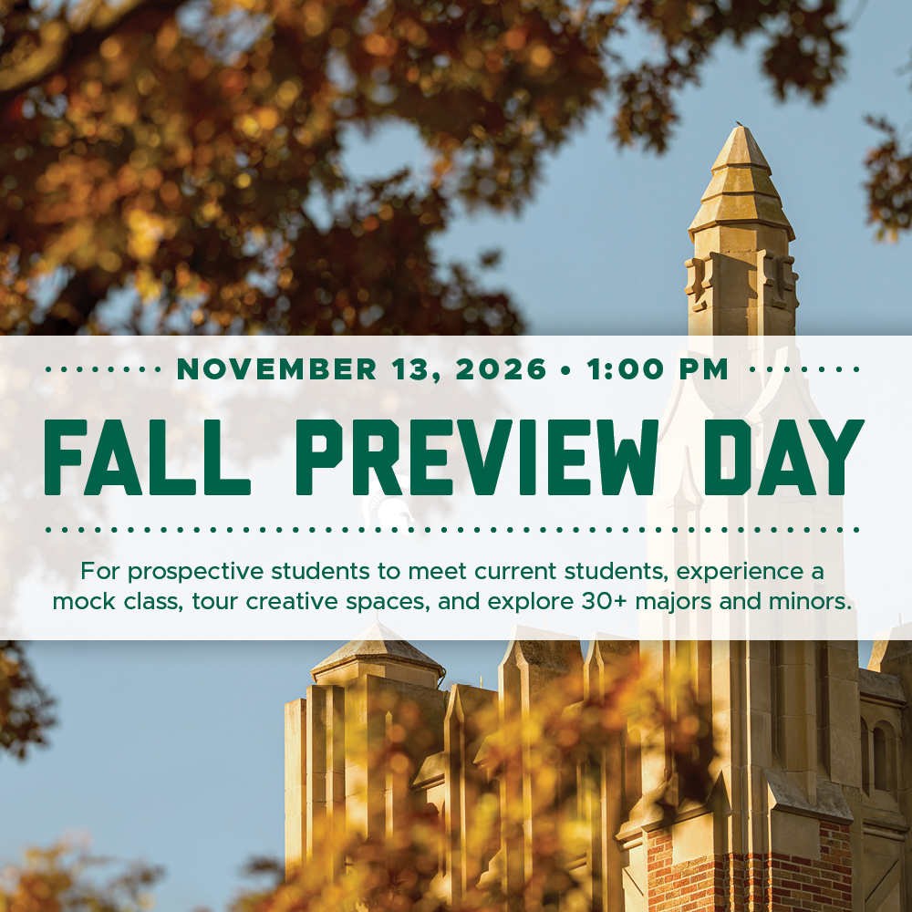 Fall Preview Day graphic for Nov. 13, 2026, featuring Beaumont Tower and details for prospective students.