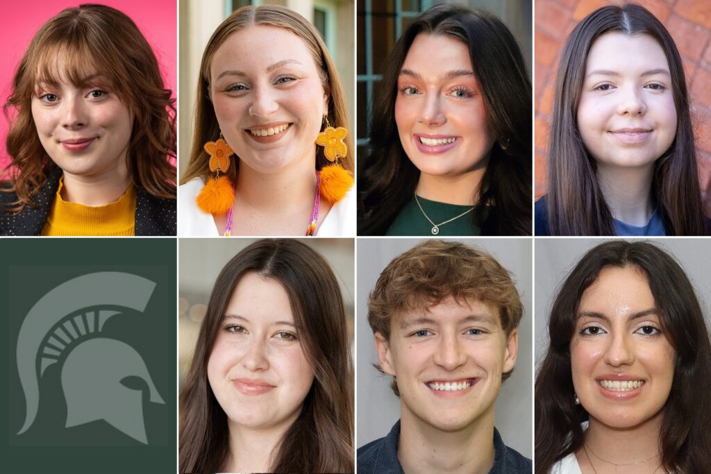 Photo composite featuring headshots of seven Michigan State University students: Anastasia Breen, Kaylin Casper, Lily Dixon, Eleanor Pugh, Isabel Buckles, Kevin Koch, and Carolina Mercado. The portraits are arranged in two rows of four, with the Spartan helmet logo in the bottom-left corner.