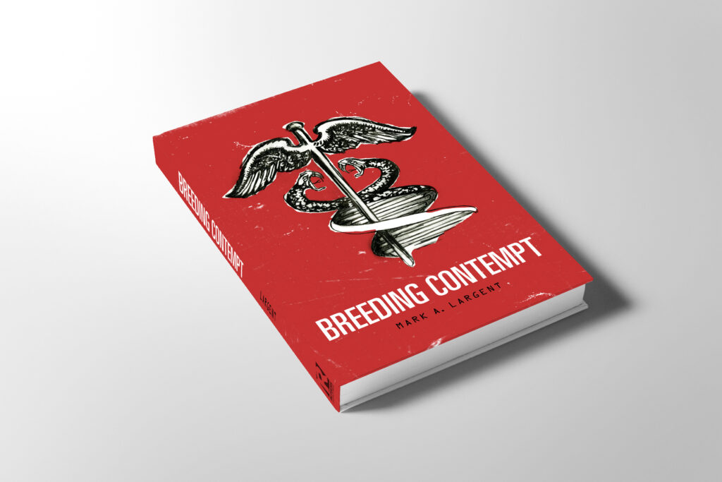 A red book cover with a distressed illustration of the medical symbol of the caduceus combined with the double helix of DNA.