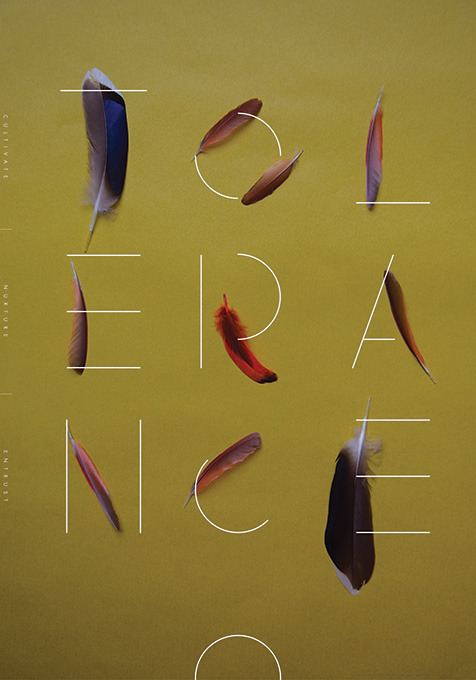 letterforms made of feathers spell tolerance